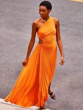 A.L.C. One-Shoulder Orange Pleated Cutout Maxi Dress
